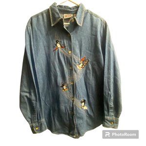 Vintage Bill Blass Jeans Denim Embroidered Penguins‎ Button Down Women's Large